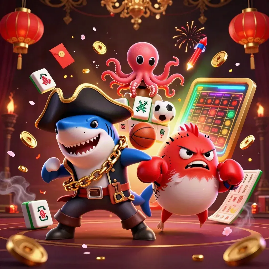 Pirate shark, boxing pufferfish, and juggling octopus amid luxe gold casino bursts.