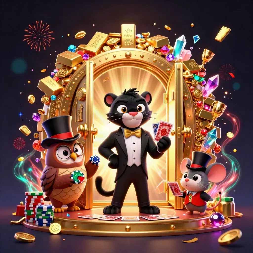 Panther, owl and mouse raid a glowing golden vault amid treasure bursts and casino sparkles