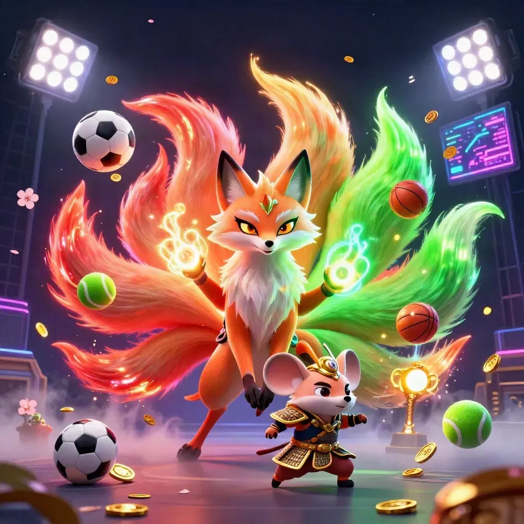 Nine-tailed neon fox spirit and samurai mouse amid trophies, balls, coins and emerald magic.
