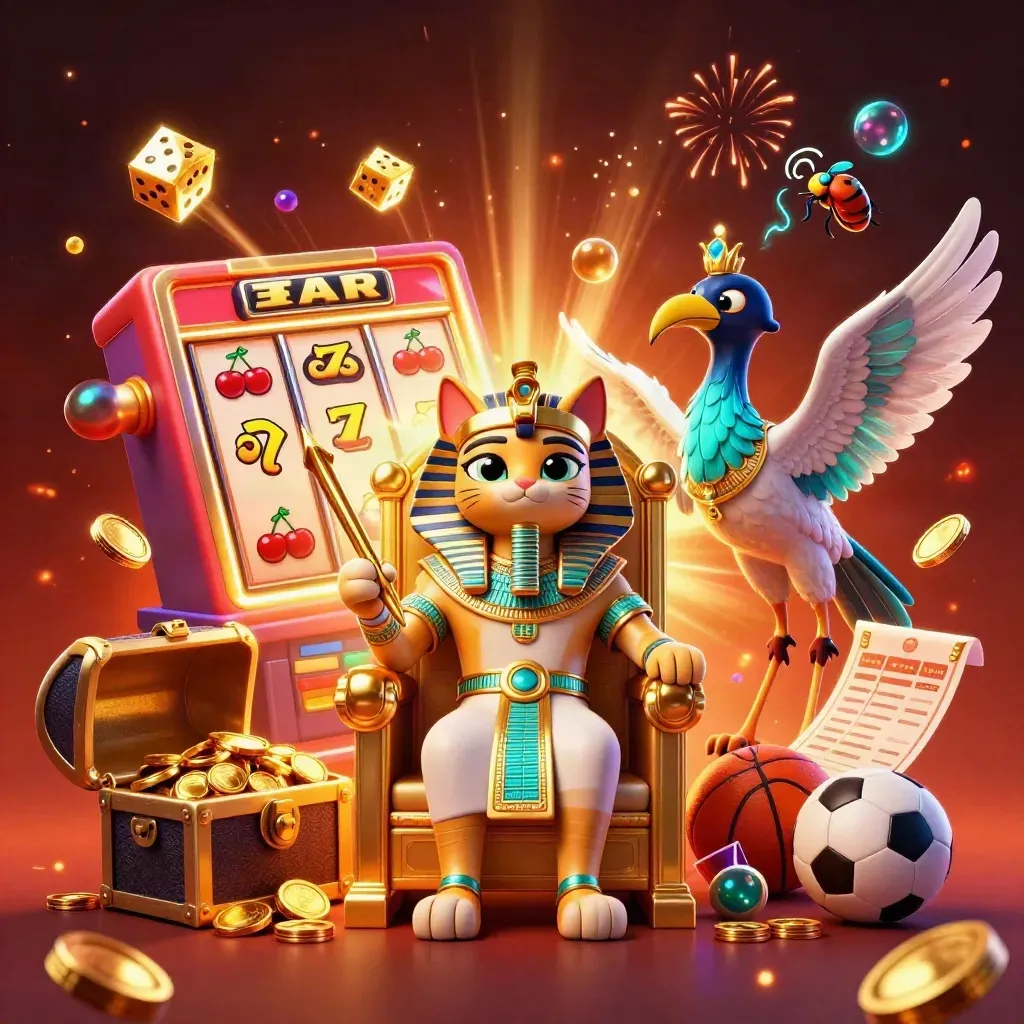 Pharaoh cat, ibis scribe and gem-winged scarabs amid exploding slot loot and casino fireworks.