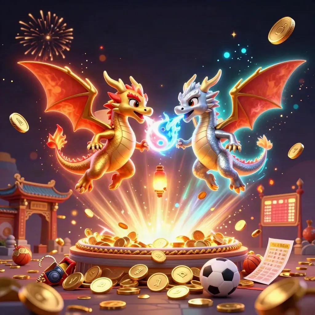 Twin gold and silver dragons whirl around a lantern spirit with coins, vault burst, and sports props.