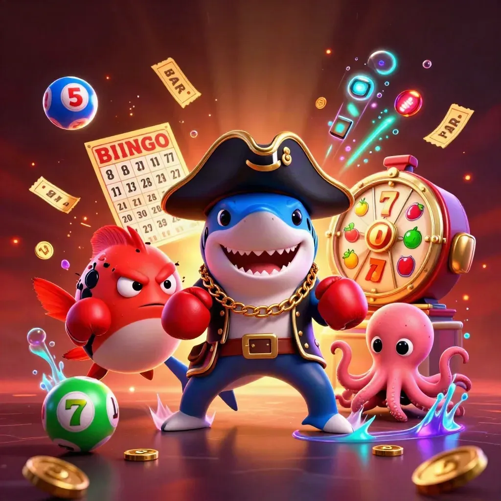 Pirate shark, boxing pufferfish, and juggling octopus amid neon casino effects underwater.